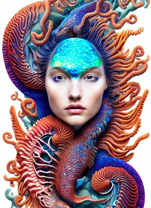 Prompt: ridiculously beautiful young womans face in full color, layers of intricate swirling dimensions, coral, sea dragons, scales, tropical fish, symmetrical, in the style of ernst haeckel, effervescent, sacred geometry, surrealism, photo realistic, epic and cinematic, 3 d, clear, sharp,