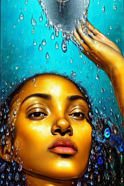 Prompt: photo realistic precisionist cinematic very expressive! oshun goddess, in water! john everett millais, mirror dripping droplet!, gold flowers, highly detailed face, digital art masterpiece, smooth eric zener cam de leon, dramatic pearlescent turquoise light on one side, low angle uhd 8 k, shallow depth of field