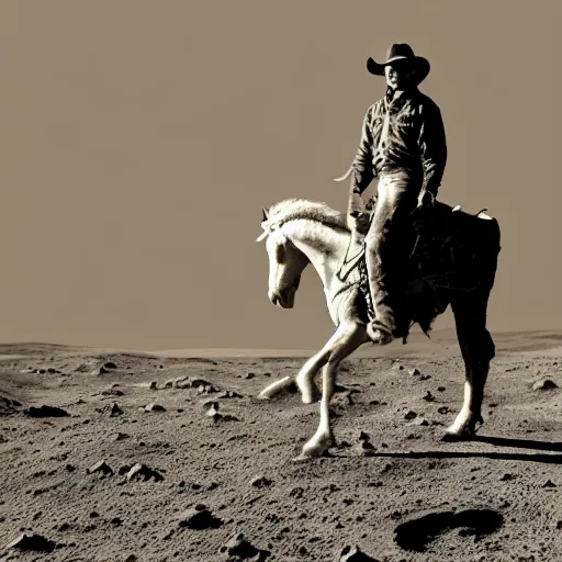 Image similar to a cowboy on horseback on the moon, earth in the distant sky, 5 0 mm