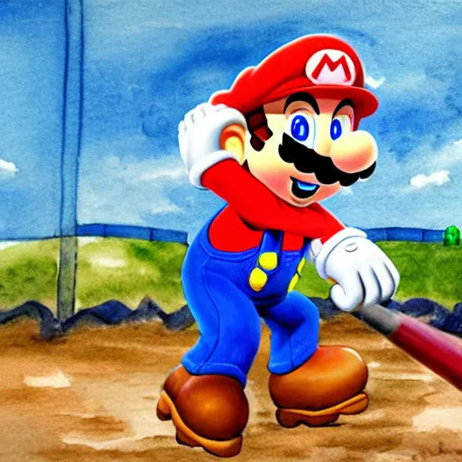 Prompt: super mario playing baseball in a bungalow on the beach, watercolors by 5 year old, 4 k hd