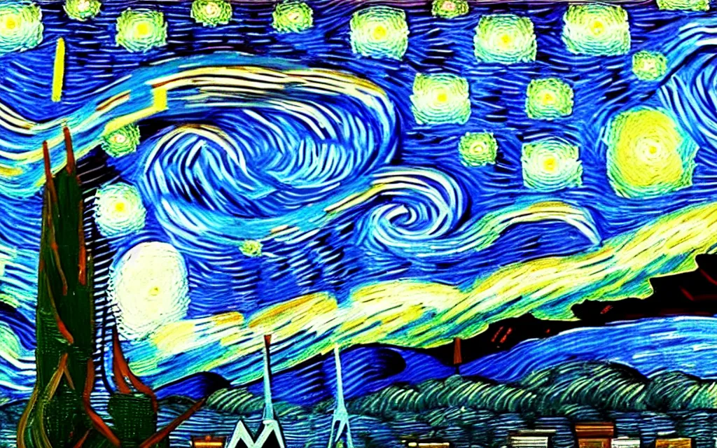 Prompt: xyston - class star destroyer on the sky in the starry night van gogh