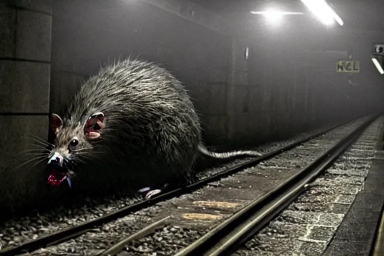 Prompt: very large giant mutant zombie irradiated ( angry rat ) staying on railways in tonnel of moscow subway. tonnel, railways, giant angry rat, furr, fangs, claws, very realistic. fog, silent hill style, extreme long shot, herman nitsch, giger.