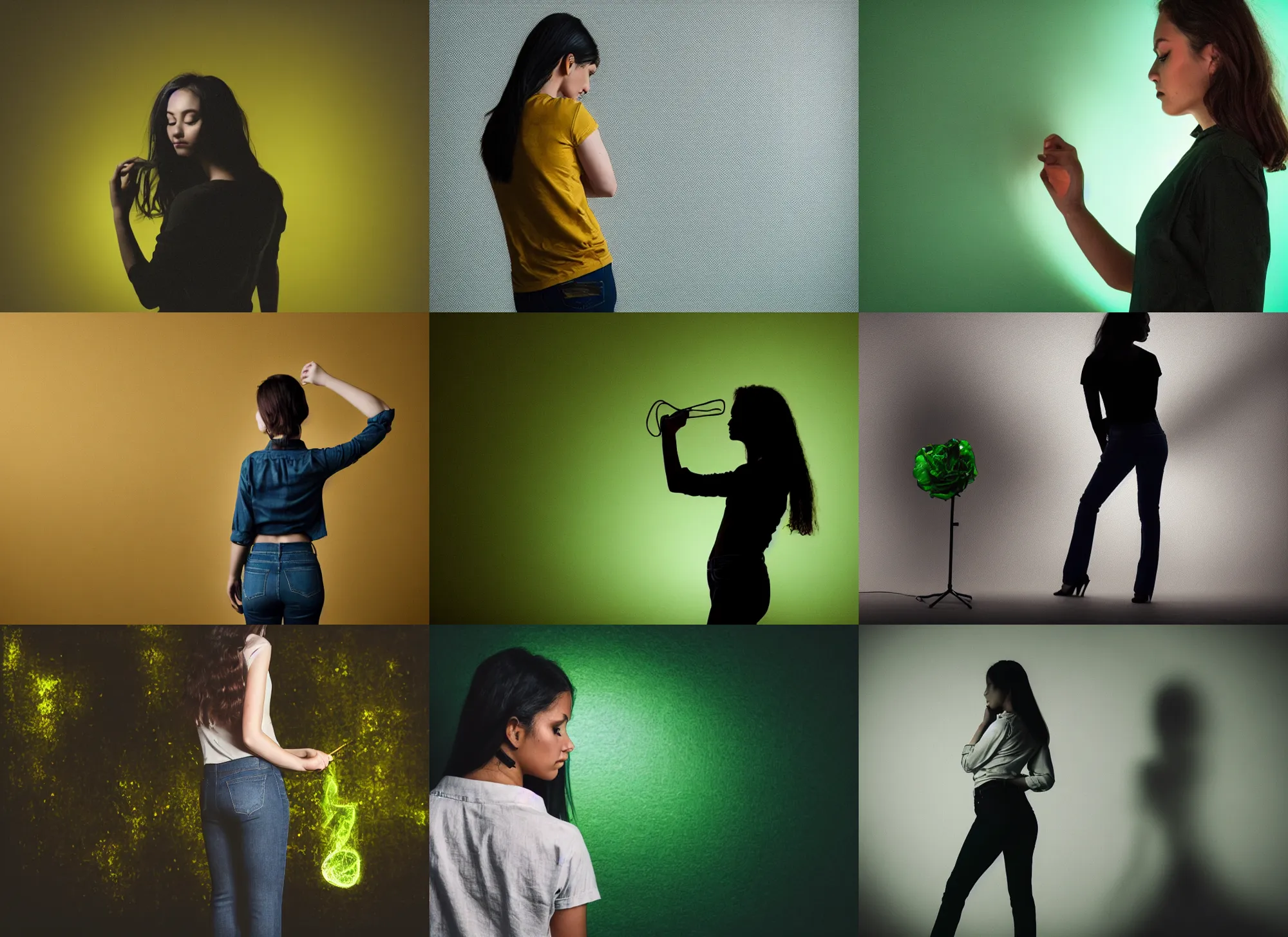 Prompt: photo still of behind view, dark silhouette of a young woman, enchanting a green spell, shirt, jeans 8 k, studio lighting bright ambient lighting key light, 8 5 mm f 1. 8