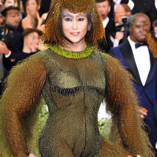 Prompt: An orangutan wearing a navy designer dress attending the Met Gala, hyperdetailed, photorealistic, high fashion