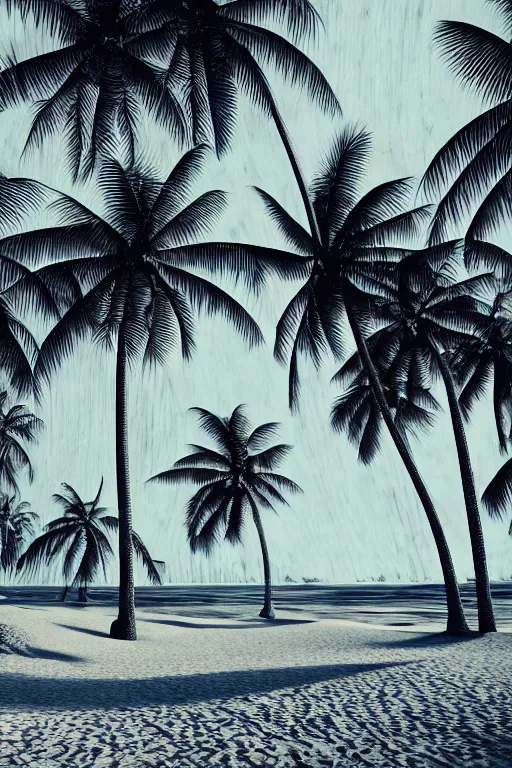 Image similar to a beautiful wood engraving on paper of a beach with coconut palms 8 k, frostbite 3 engine, cryengine, dof, trending on artstation, digital art, crepuscular ray