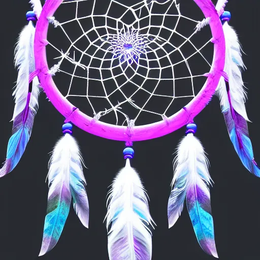 Image similar to a beautiful and intricate dreamcatcher made from bone and gnarled wood and blue and purple feathers, twisting, twirling, loops, hexagonal shapes, concept art, highly detailed, realistic, ornate, fine detail, 4k, octane render, vray, unreal engine