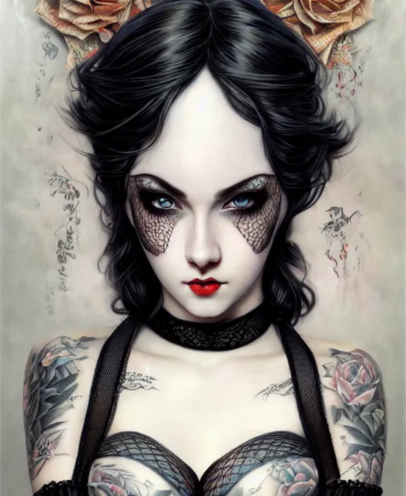 Prompt: two beautiful pale skin cosplay girls, gray eyes, black hair, fully tattooed body, fishnet corset with choker, symmetrical, beautiful detailed face, masterpiece, paint by karol bak