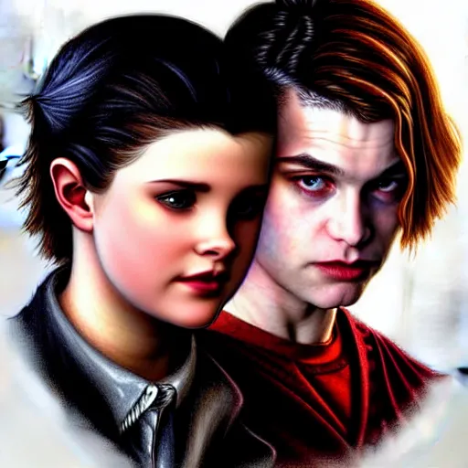 Prompt: Twilight version of Stranger Things, Portrait of Edward and Bella, diffuse lighting, fantasy, intricate, elegant, highly detailed, lifelike, photorealistic, digital painting, artstation, illustration, concept art, smooth, sharp focus, art by John Collier and Albert Aublet and Krenz Cushart and Artem Demura and Alphonse Mucha