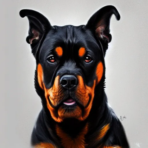 Image similar to buff rottweiler, oil painting, artgerm, portrait, highly detailed, artstation