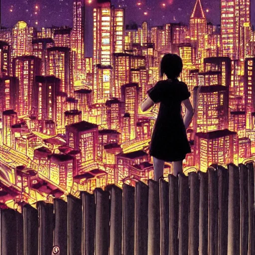 Prompt: Girl leaning on a wooden fence looking down at a city during the night, anime, by Katsuhiro Otomo, highly detailed, city, nighttime