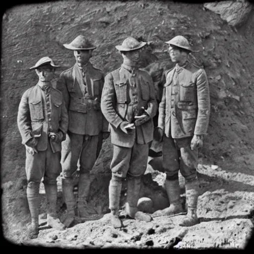 Prompt: ultra detailed photorealistic sepia - toned photo from 1 9 1 7, three clean - shaven british soldiers standing with two bedouin traders, at an archaeological dig site, ultra realistic, painted, intricate details, lovecraft, atmospheric, dark, horror, brooding, highly detailed, by clyde caldwell