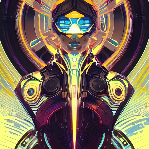 Image similar to symmetry, abstract futuristic robotic, psychedelic background, apex legends, epic lighting, illustration black outlining, ultra detailed, art by artgerm and greg rutkowski and alphonse mucha