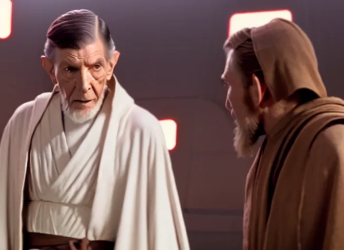 Image similar to young leonard nimoy as obi - wan kenobi, wearing a robe, in star wars : the force awakens ( 2 0 1 5 ). movie still