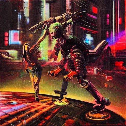 Prompt: “cyberpunk painting of a battle between two artificial intelligences”