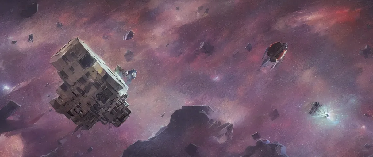 Image similar to concept art, a single lonely spaceship drifting in space, exploring the void, the expanse tv series, industrial design, lost in the immensity of space, spatial phenomenon, space debris, cinematic lighting, 4k, greebles, widescreen ratio, wide angle, beksinski, sharp and blocky shapes