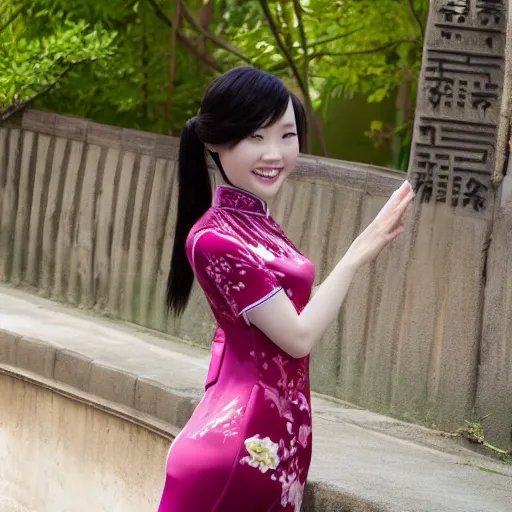 Image similar to girl in cheongsam with a great curve，photography, 4k, smile