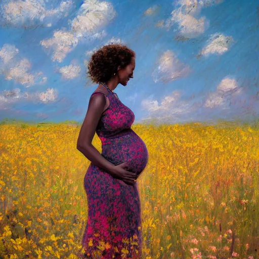 Prompt: pregnant east african woman with curly hair in a vast field of flowers, laying down, looking into the distance, with a tiny black puppy running around the field, golden hour, vintage, impressionist painting, fine art, oil painting, dreamy, pastel, laughing, happy, intricate details, sharp, peaceful, serene