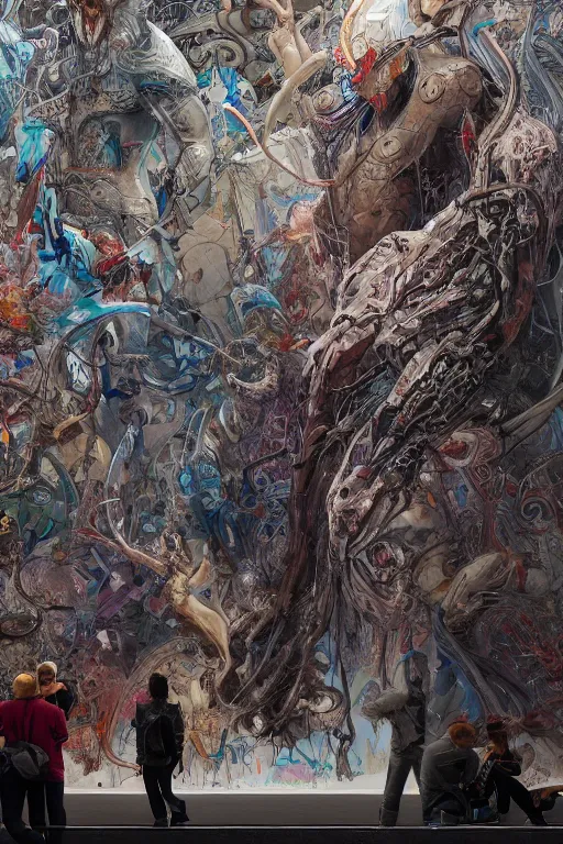 Image similar to people looking at a large graffiti painting in a contemporary museum, dark, intricate, highly detailed, smooth, artstation, digital illustration by yoshitaka Amano and james jean and Artgerm and moebius and Greg Rutkowski and Zdislav Beksinski