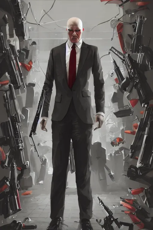 Prompt: an expressive full body portrait of agent 4 7 from hitman in a hallway full of guns, dark background, red rim light, digital art, artstation, concept art by giger stalenhag