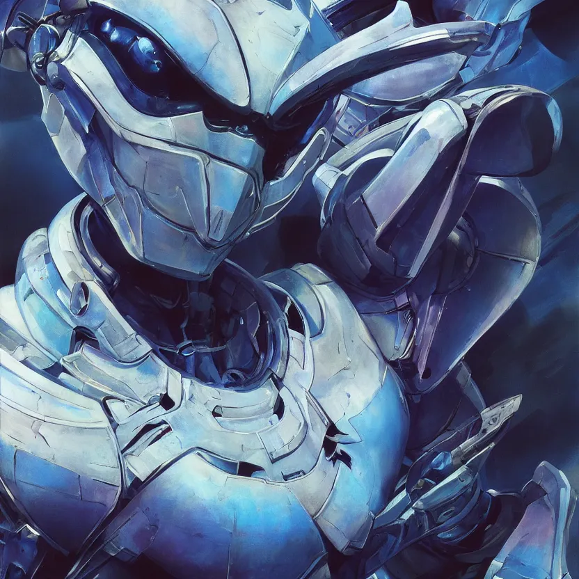 Prompt: a close - up view portrait of a white and iridescent futuristic robot mantis. angular futuristic sci - fi features. gritty composition, dark blue background. highly detailed fantasy science fiction painting by moebius, frank frazetta, and syd mead. rich colors, high contrast. unreal engine trending on artstation