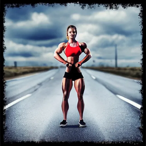 Image similar to car, bodybuilder, woman, weightlifting, toy, road, photo, digital art