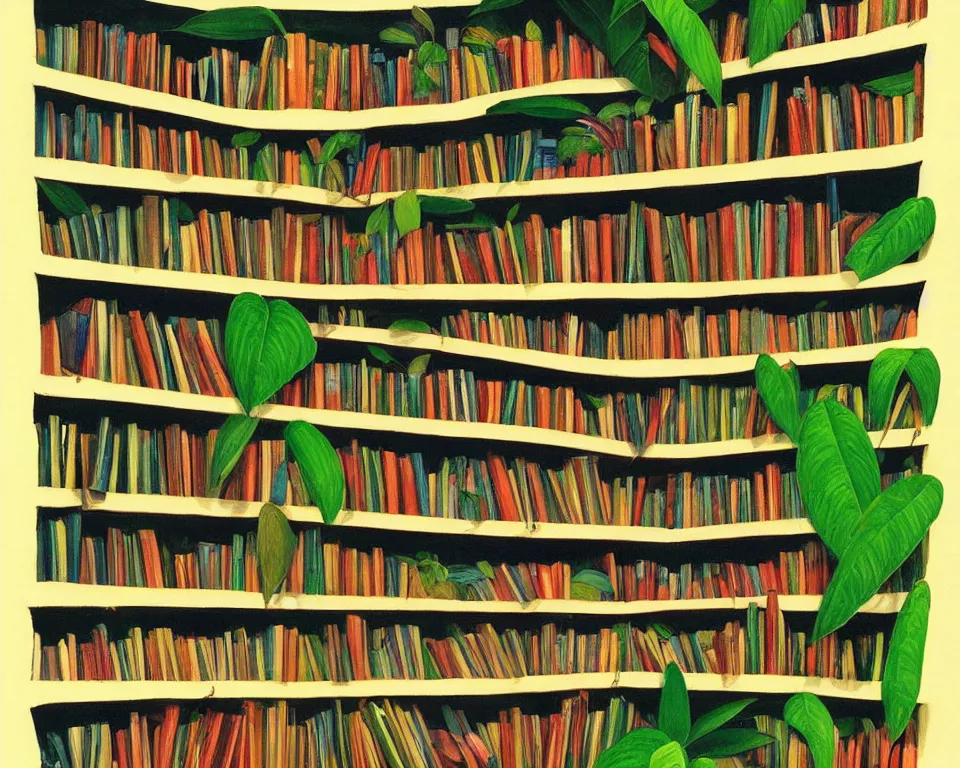 Image similar to one small bookshelf in the rainforest, featuring legal books, by hopper. hyperdetailed, proportional, romantic, enchanting, achingly beautiful, graphic print, trending on artstation, jungle, tropical, foliage