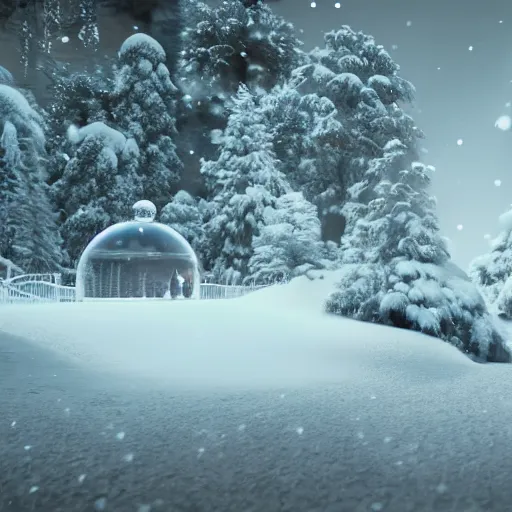 Image similar to a zoo inside a snow globe, octane render, unreal engine 5, animals, trees, white background, realistic, photo realism