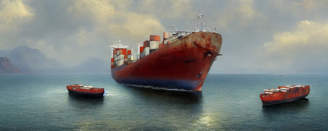 Image similar to paintifng of seasoned rusty white container ship containership near mountain sea shore by repin, matte painting, detailed, amazing, 4k resolution