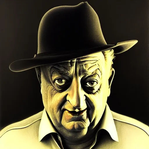 Image similar to a portrait of rodney dangerfield, hyper realistic, octane render, by barlowe. masterpiece portrait painting. dark, moody,, abstract brush strokes,.