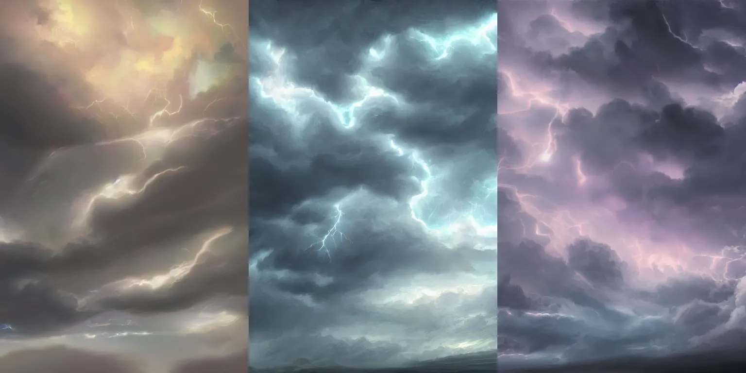 Prompt: Storm, clouds, iridescent lighting. Fantasy, digital painting, HD, 4k, detailed.