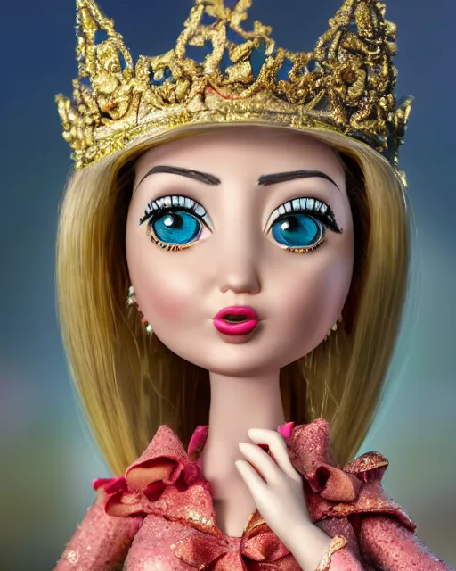 Image similar to highly detailed closeup, face profile portrait of a tin toy ivanka trump as a fairytale princess wearing a crown and eating cakes, bikini, depth of field, nicoletta ceccoli, mark ryden, lostfish, dan decarlo, bob clampett, max fleischer, breathtaking, detailed and intricate environment, 8 k resolution, hyperrealistic, octane render