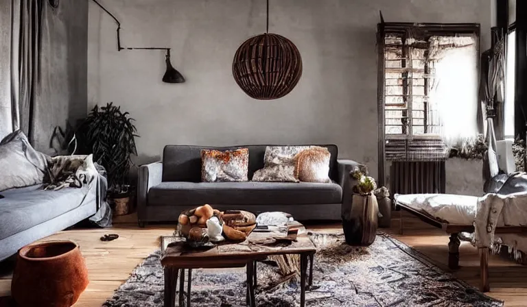 Image similar to sunrise 3 5 mm warm photo of a tastefully decorated bohemian living room with dark luxurious furnishings, and a mix of antique and modern furniture, and a mix of concrete and raw wood finishes, soft lighting