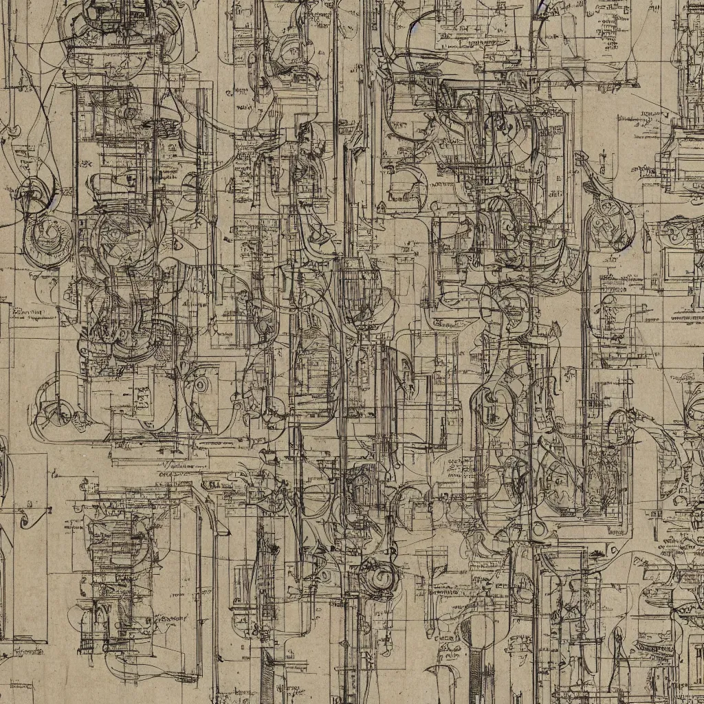 Image similar to close - up on detailed, intricate technical drawings from 1 8 4 0 with extensive written labels and covered in scribbled pencil notes, for a mechanical display attachment to babbage's difference engine, showing a screen playing tetris