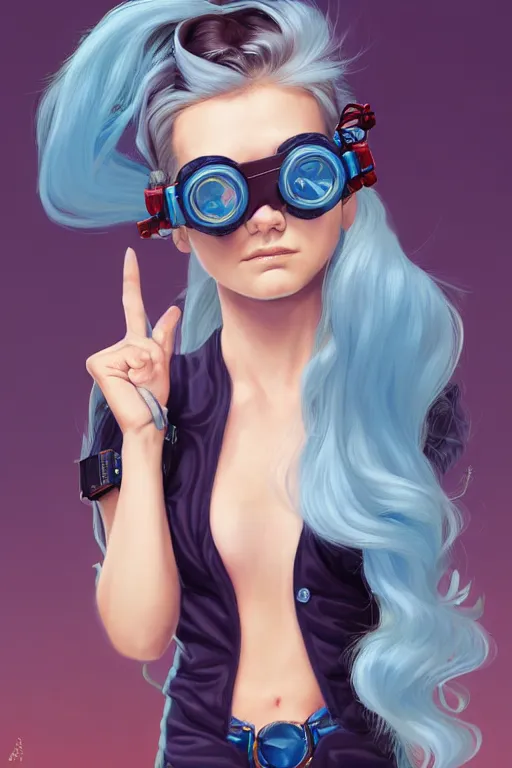 Image similar to portrait painting of a teenage girl with swept back wild blue hair, fashionable, windy, steampunk, reflective goggles, smirking, full body, flat color solid background color, sharp focus, award - winning, cinematic pose, cinematic lighting, trending on artstation, masterpiece, highly detailed, intricate. art by josan gonzales and moebius and deathburger