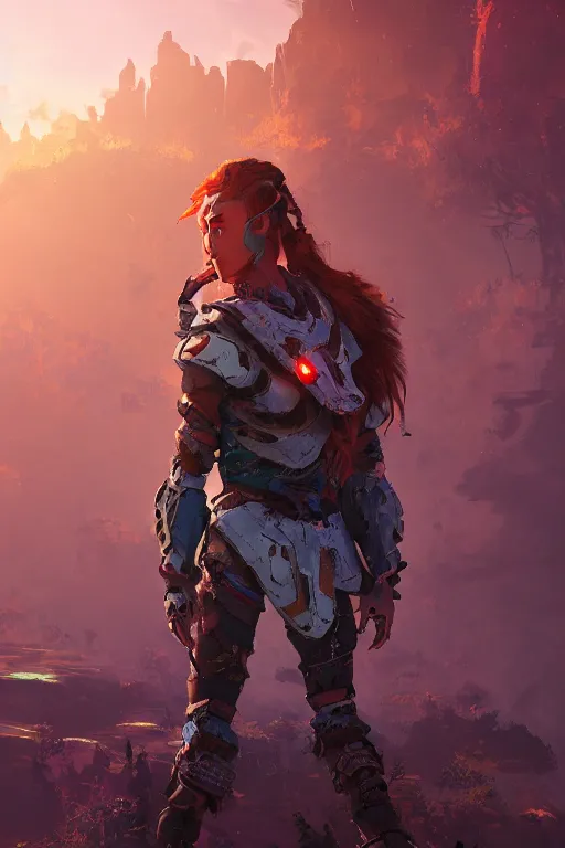 Image similar to combination suit armor aloy horizon forbidden west horizon zero dawn radiating a glowing aura global illumination ray tracing hdr fanart arstation by ian pesty and alena aenami artworks in 4 k tribal robot ninja mask helmet backpack