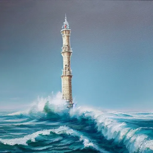 Prompt: highly detailed oil painting art of an ethereal tower rising from the ocean