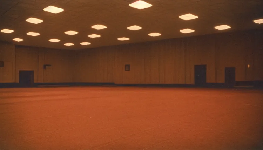 Image similar to 60s movie still of a sovietic stalinist style empty ballroom at night, cinestill 800t 50mm eastmancolor, liminal Space style, heavy grain-s 150