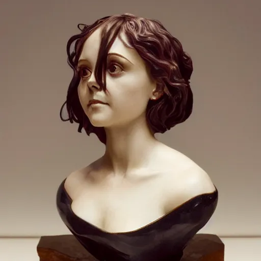 Image similar to beautiful lifelike award winning marble statue bust of christina ricci trending on art station scary artgerm greg rutkowski alphonse mucha museum quality cinematic atmospheric