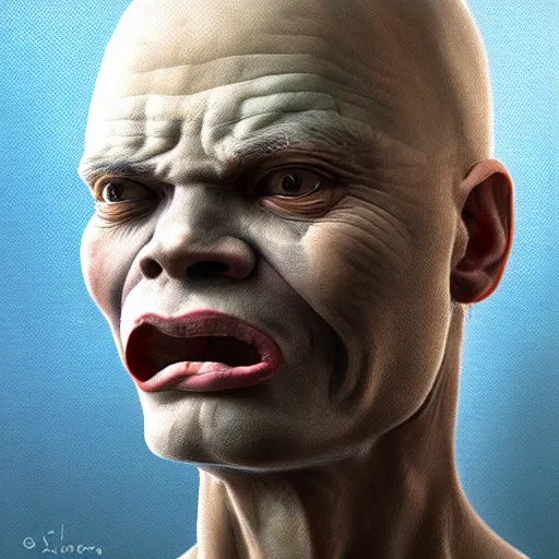 Image similar to closeup portrait of a man with bulging unblinking eyes, shrivelled neck with strange lines, wide mouth with thick lips, flat nose, tiny ears, squamous grayish skin, constant alopecia, creepy, dramatic light, painted by stanley lau, painted by greg rutkowski, painted by stanley artgerm, digital art, trending on artstation