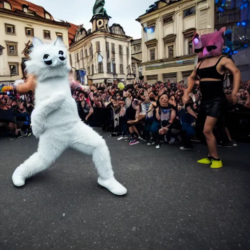 Prompt: a furry dancing to techno at a pride event in Prague, 4K photograph, National Geographic photo