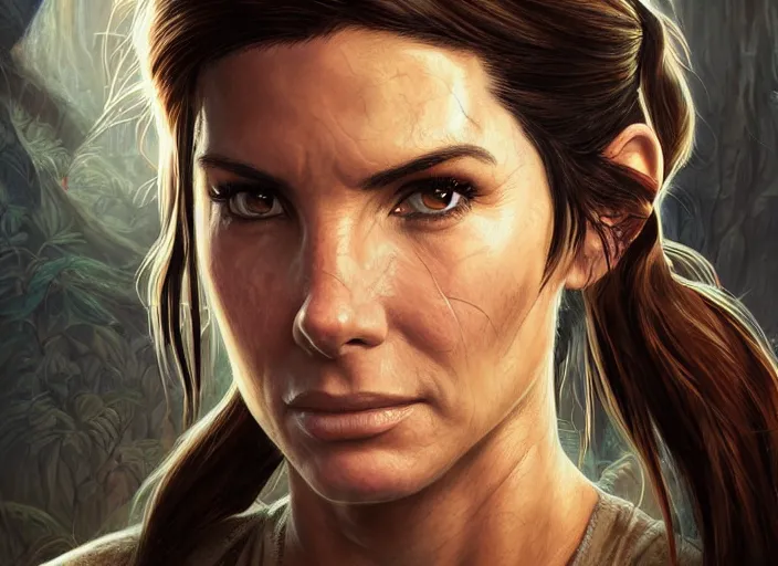 Image similar to face portrait of concentrated young Sandra Bullock as Lara Croft with pig-tails entering an incredible epic ruin, glorious sun beams, intricate, elegant, highly detailed, digital painting, short focus, illustration, Allan Lee, John Howe