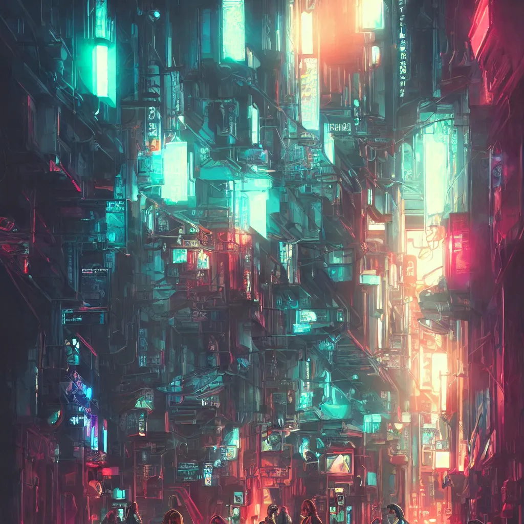 Sci-fi Fantasy City, Cyberpunk Buildings Illustration. Neon Colors