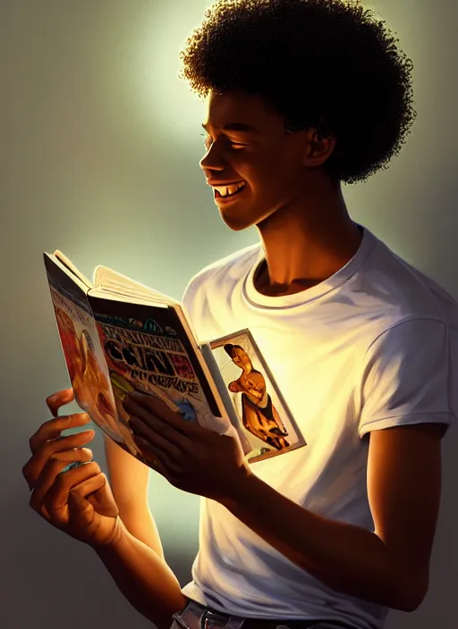 Image similar to portrait of teenage chuck clayton, black teenage boy, short curly hair, short hair square jaw, slight excited smile, reading a comic book, intricate, elegant, glowing lights, highly detailed, digital painting, artstation, concept art, smooth, sharp focus, illustration, art by wlop, mars ravelo and greg rutkowski