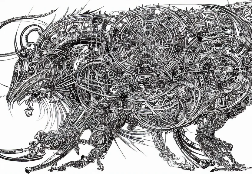 Image similar to 1 / 4 schematic blueprint of highly detailed ornate filigreed convoluted ornamented elaborate cybernetic rat, full body, character design, middle of the page, art by da vinci