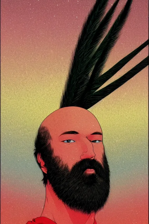 Image similar to a colorful closeup portrait of a young bald man with a very long wild beard dreaming psychedelic hallucinations in the vast icy landscape of antarctica, by kawase hasui, moebius and edward hopper, colorful flat surreal design, hd, 8 k, artstation