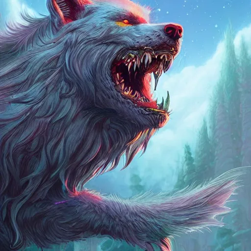 Prompt: fenrir colorful, fantasy, intricate, highly detailed, digital painting, hq, trending on artstation, illustration, style of stanley artgerm and greg rutkowski and dan mumford