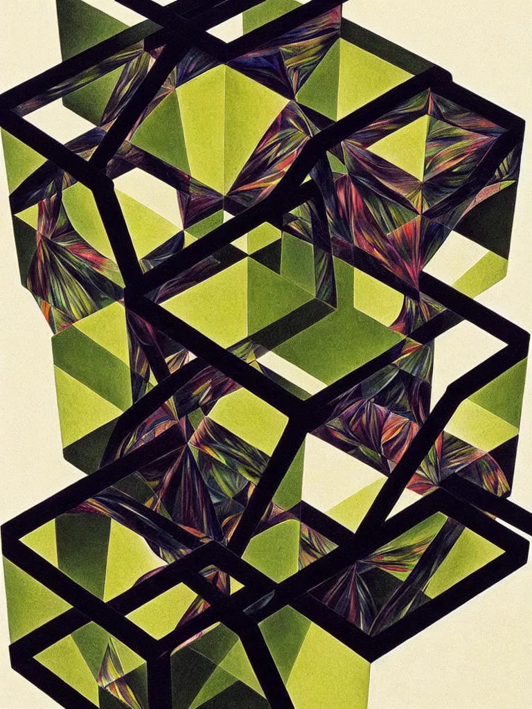 Image similar to hyperrealistic still life portrait of a tesseract, impossible shape, by caravaggio, mc escher, and yosumo okuta, botanical print, surrealism, vivid colors