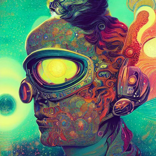 Image similar to An extremely psychedelic experience, colorful, surreal, dramatic lighting, cosmonaut, LSD, face, detailed, intricate, elegant, highly detailed, digital painting, artstation, concept art, smooth, sharp focus, illustration, art by Sam Spratt, Dan Mumford, Artem Demura and Alphonse Mucha