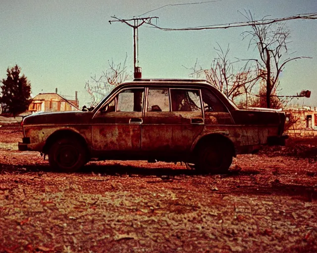 Image similar to a lomographic photo of old lada 2 1 0 7 standing in typical soviet yard in small town, hrushevka on background, cinestill, bokeh