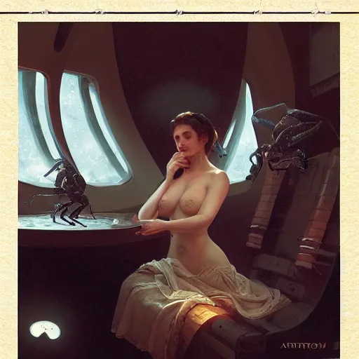 Image similar to a nineteenth - century woman with an uncovered breast holding a scorpion in his hand, inside a spaceship with the earth rom the porthole, highly detailed, concept art, art by wlop and artgerm and greg rutkowski, masterpiece, trending on artstation, 8 k
